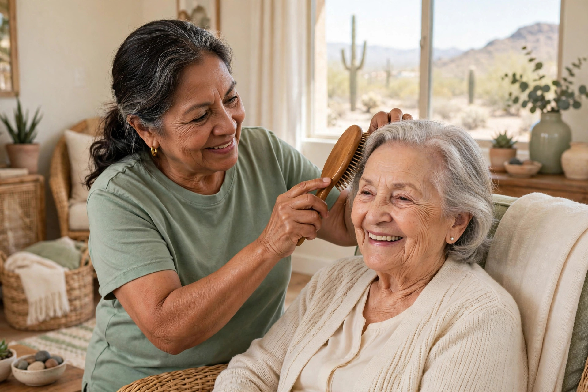 A caregiver gently brushing a client’s hair at home