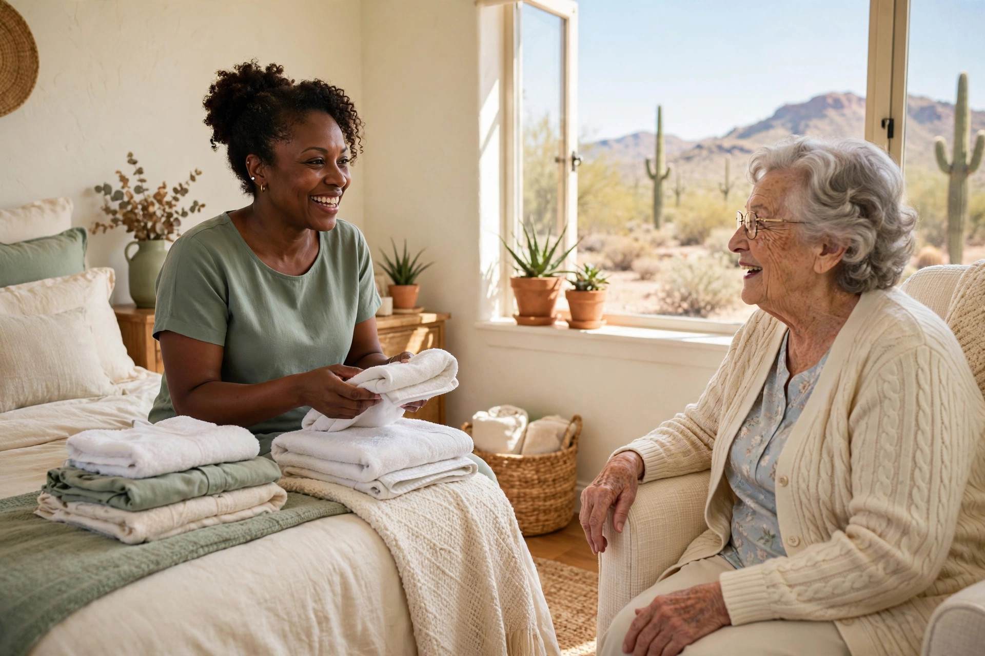 A caregiver folding laundry while a client rests nearby