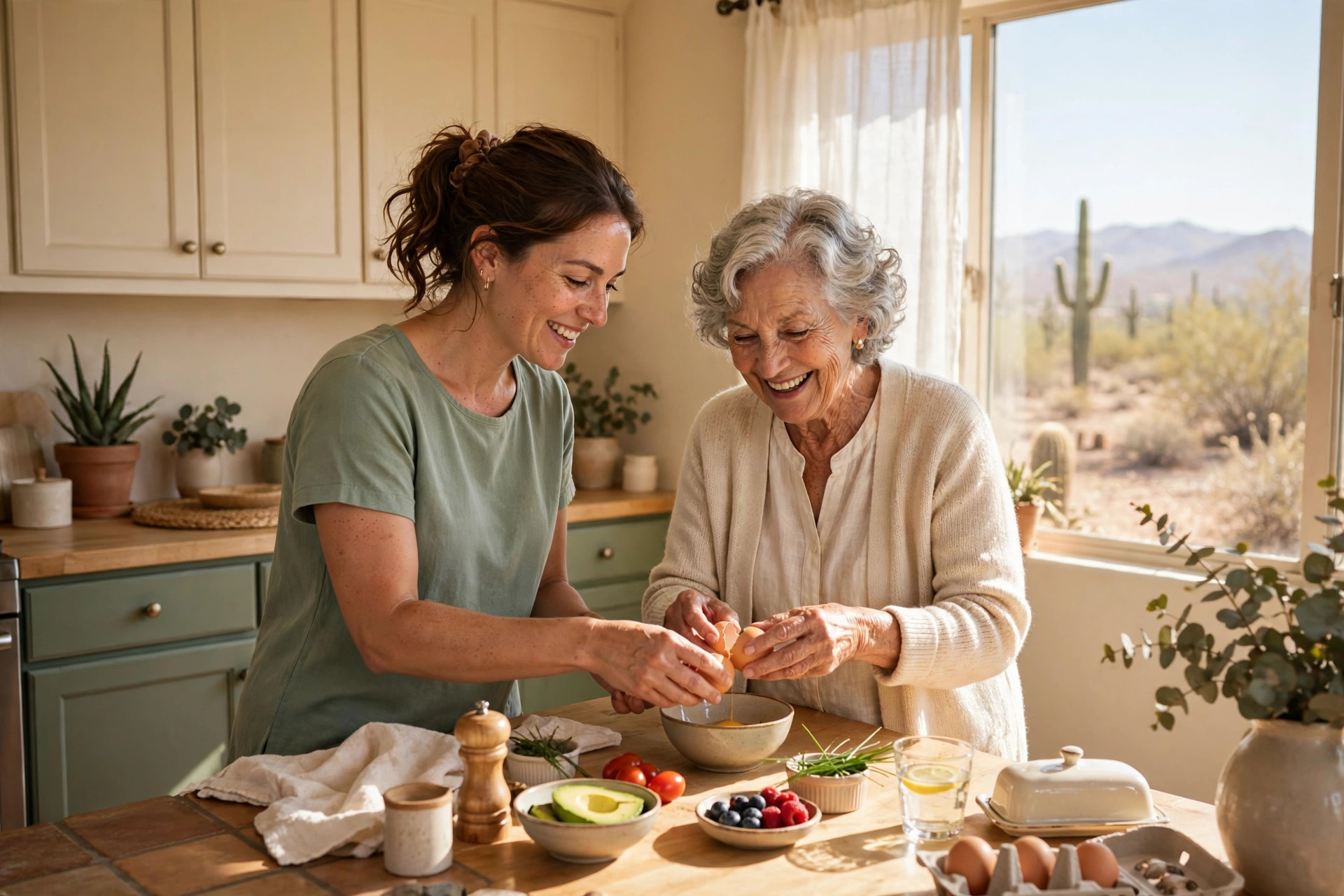 A caregiver preparing breakfast with a client in her kitchen