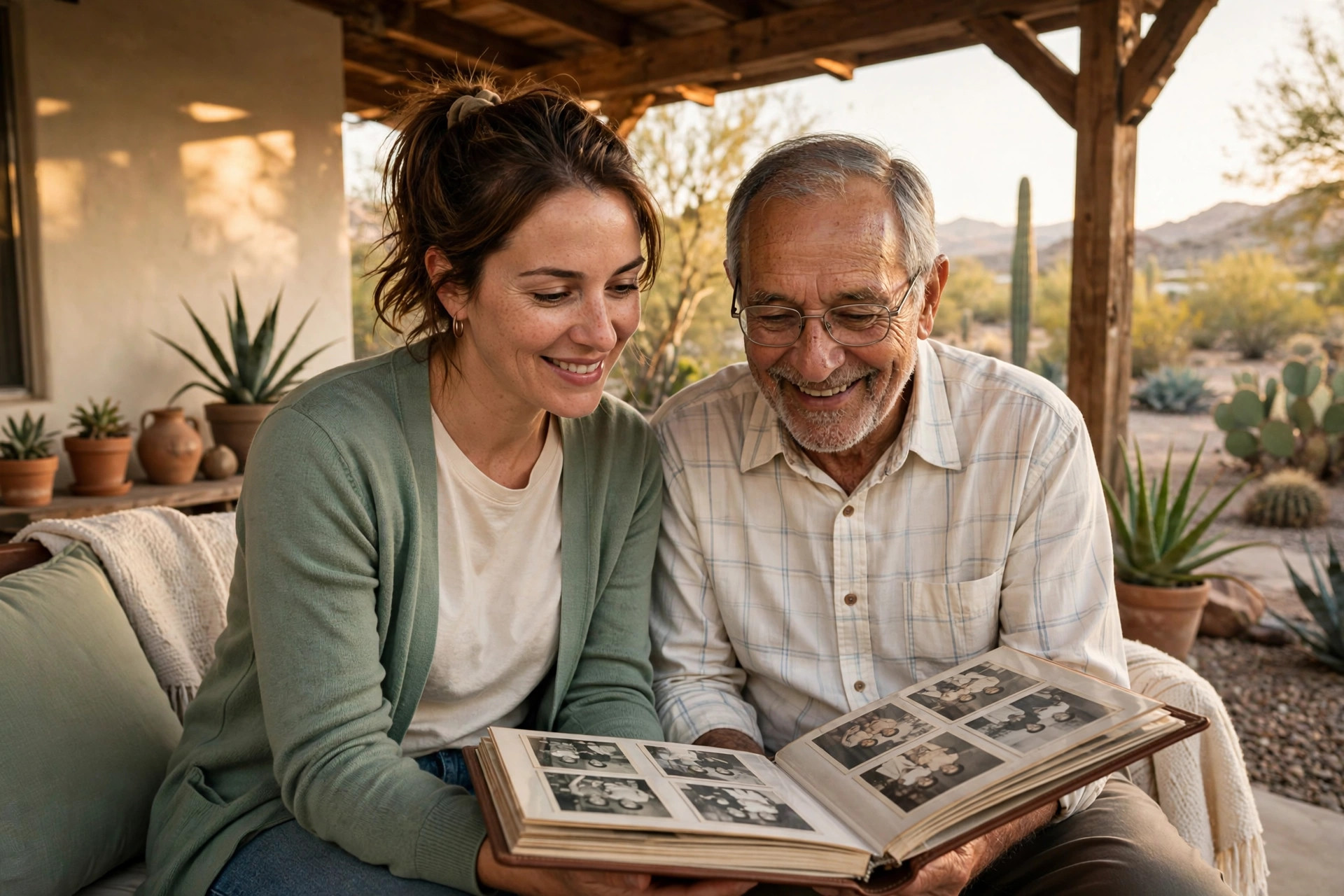 A caregiver and a client looking at a photo album together on a porch