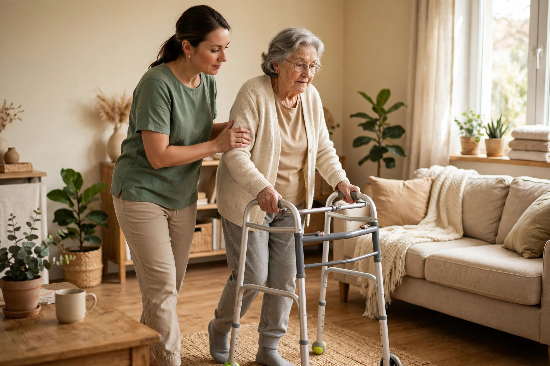 A caregiver walking alongside a client who uses a walker at home
